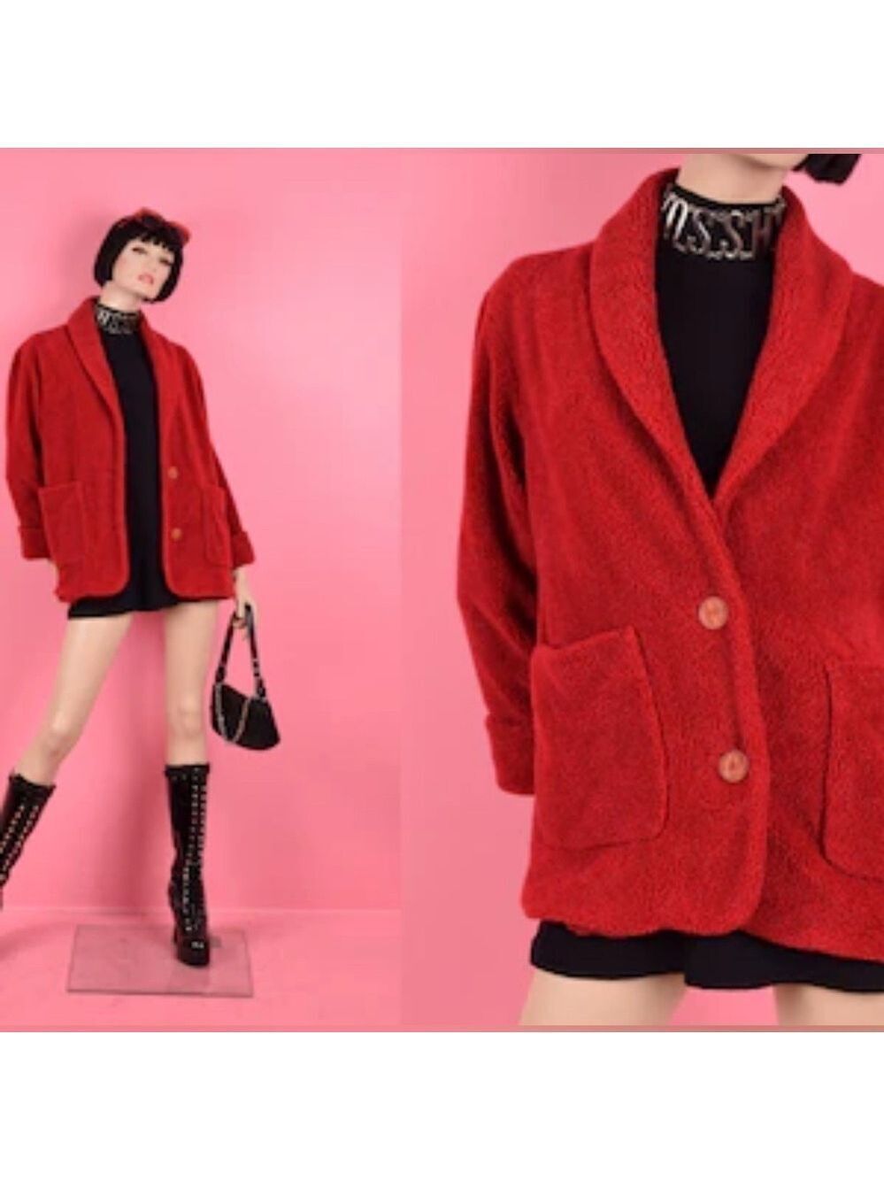 🔥VINTAGE🔥 Designer Cindy Bai Oversized Red Sherpa Red Shawl collar Jacket size S